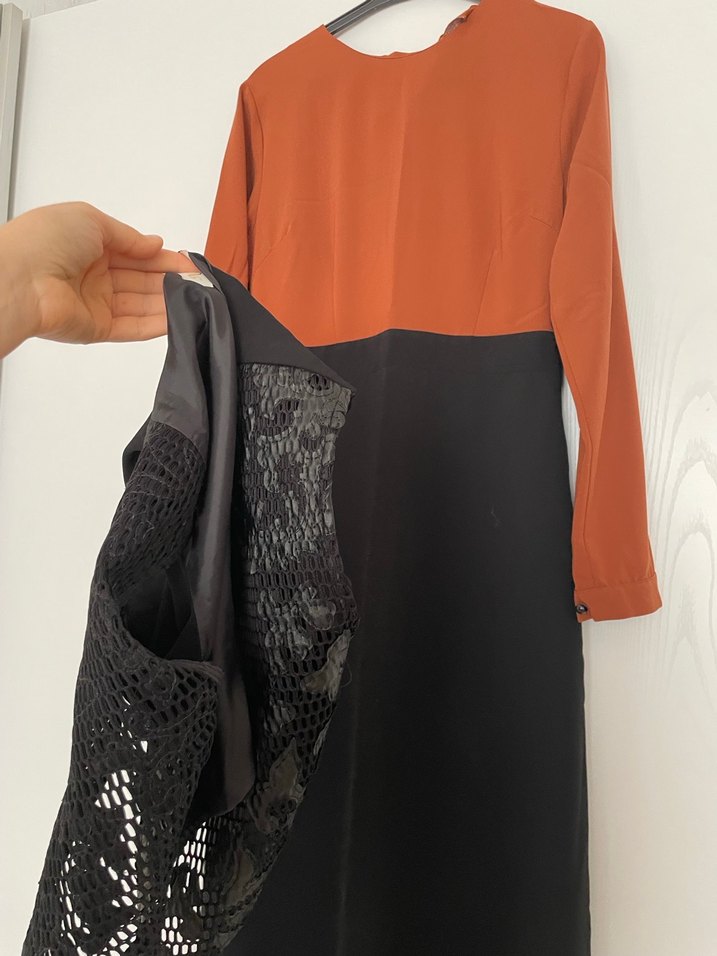 Uzun Kollu Nakışlı Kahverengi Kadın Elbise - Görsel 5