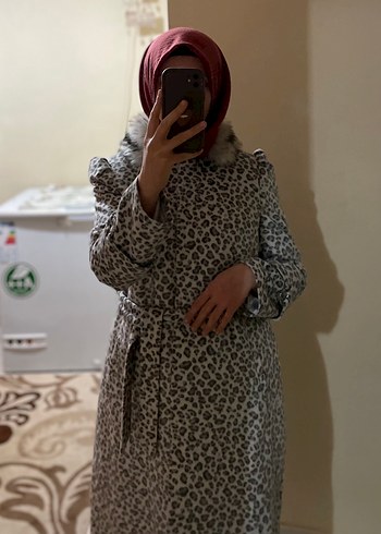 Gri Leopar Desenli Kadın Midi Kaban - Görsel 9