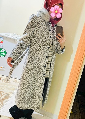 Gri Leopar Desenli Kadın Midi Kaban - Görsel 4
