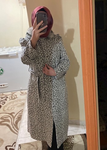 Gri Leopar Desenli Kadın Midi Kaban - Görsel 8