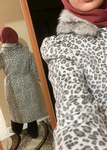 Gri Leopar Desenli Kadın Midi Kaban - Görsel 6