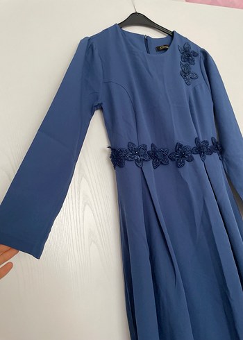 Mavi Nakışlı Uzun Kollu Kadın Elbise - Görsel 2