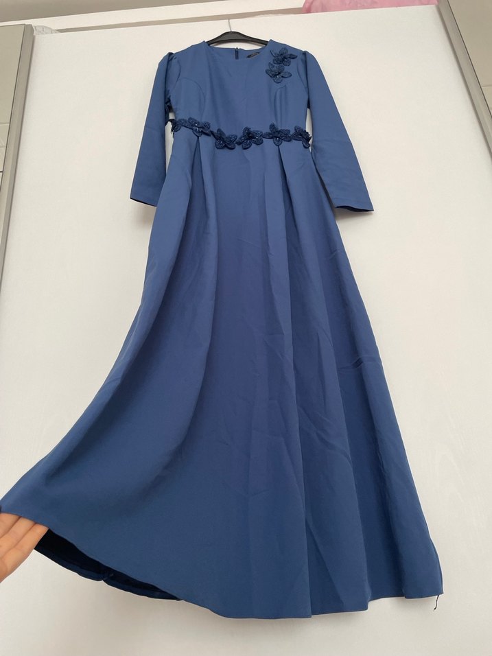 Mavi Nakışlı Uzun Kollu Kadın Elbise - Görsel 4