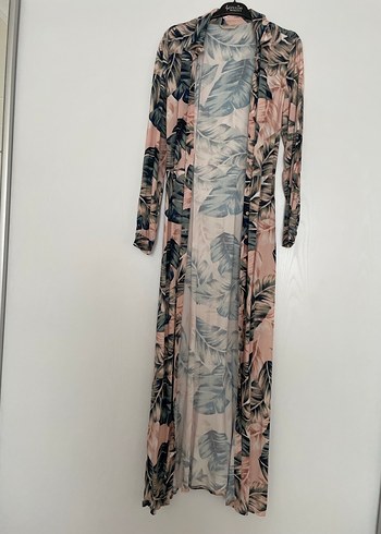 Pembe Uzun Yaprak Desenli Bohem Elbise - Görsel 5