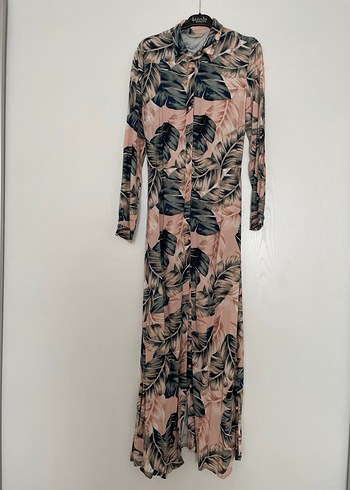 Pembe Uzun Yaprak Desenli Bohem Elbise - Görsel 2