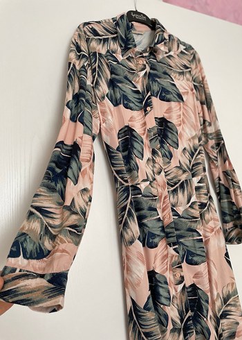 Pembe Uzun Yaprak Desenli Bohem Elbise - Görsel 4