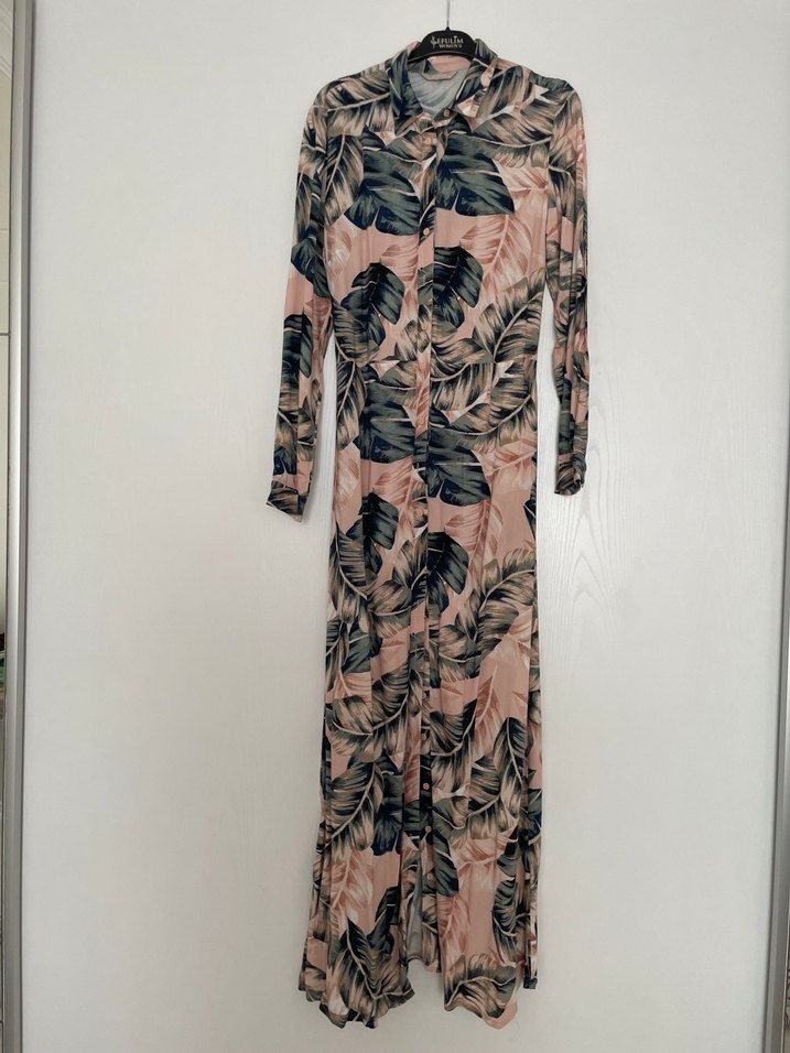 Pembe Uzun Yaprak Desenli Bohem Elbise - Görsel 2