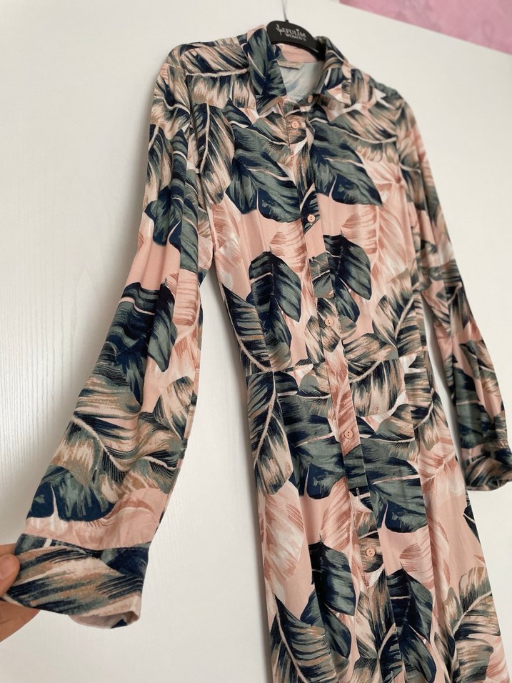 Pembe Uzun Yaprak Desenli Bohem Elbise - Görsel 4