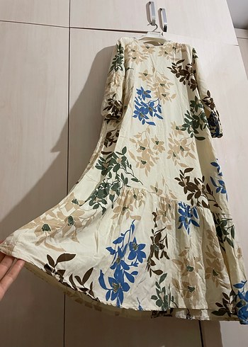 Bej Çiçek Desenli Bohem Uzun Elbise - Görsel 3