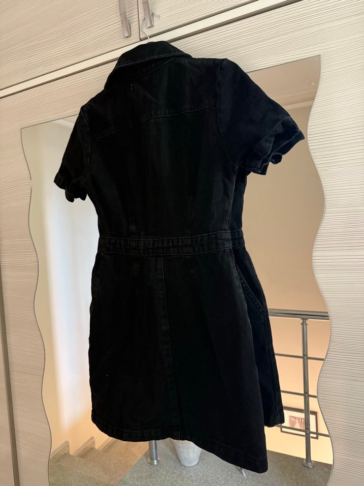 Siyah Kot Kumaşlı Fermuarlı Elbise - Görsel 2