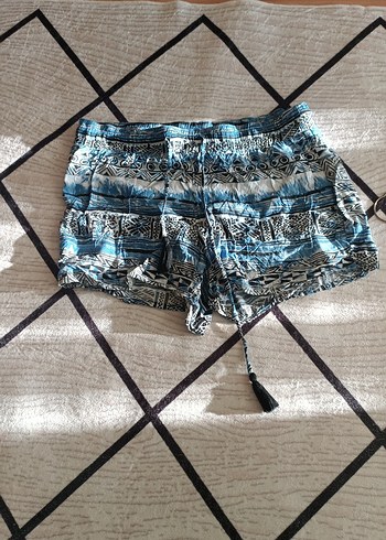 Püsküllü Mavi Bohem Mini Şort