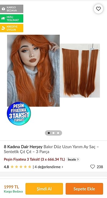 Bakır Düz Uzun Yarım Ay Takma Saç