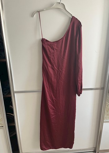 xs Beden bordo Renk Bordo Drapeli Tek Kollu Uzun Elbise