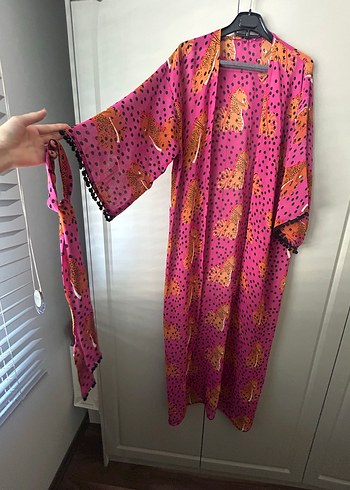 s Beden pembe Renk Leopar Desenli Uzun Bohem Kadın Kimono