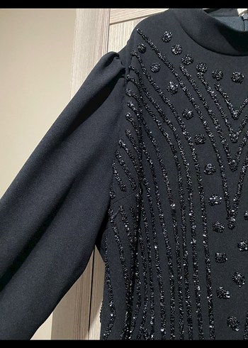 Boncuk İşlemeli Siyah Uzun Abiye Elbise - Görsel 3