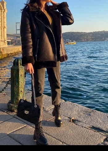 Kürklü Siyah Deri Kadın Ceket - Görsel 2