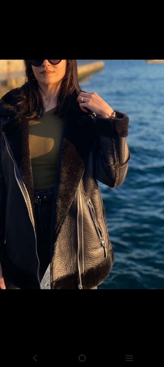 Kürklü Siyah Deri Kadın Ceket - Görsel 3