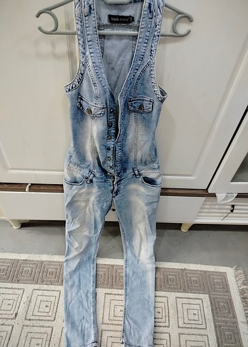 Kadın Mavi Denim Tulum - Kemerli, Kolsuz