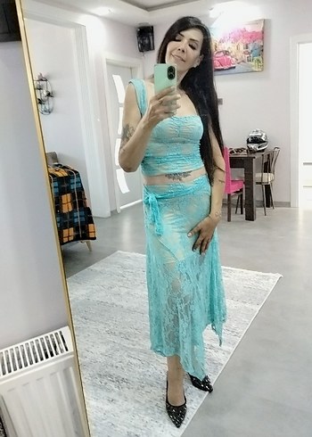 Sheinside Turkuaz Dantel Detaylı Bohem etek ve crop takım
