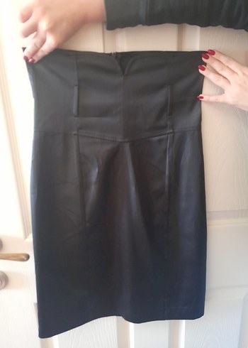 Deri Siyah Midi etek yuksek bel - Görsel 2
