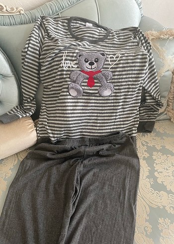 Gri Çizgili Ayıcık Desenli Pijama takımı - Görsel 4