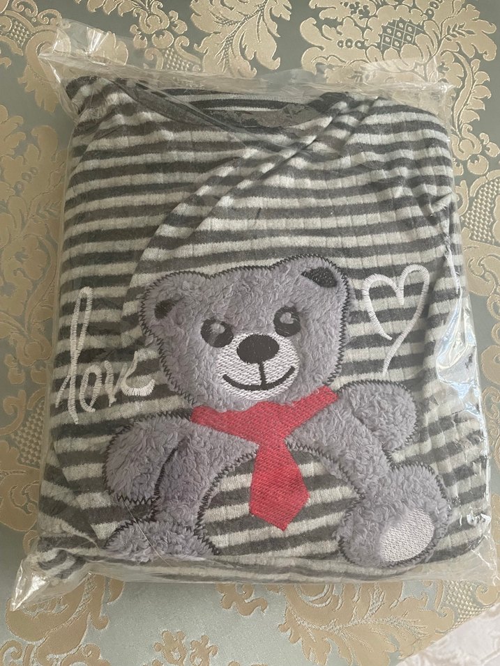 Gri Çizgili Ayıcık Desenli  Pijama takımı - Görsel 5