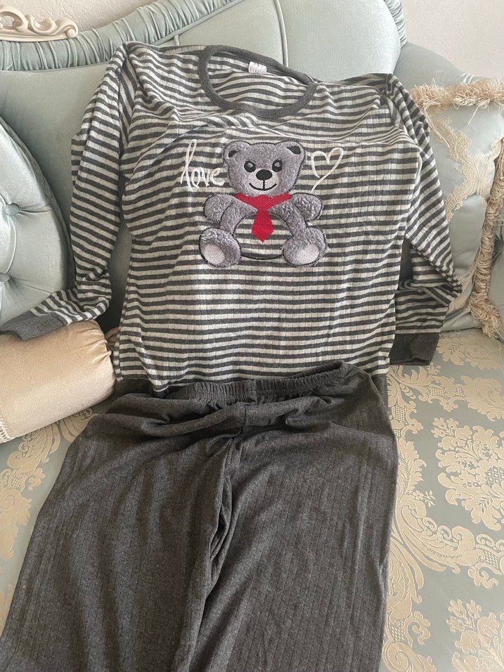 Gri Çizgili Ayıcık Desenli  Pijama takımı - Görsel 4