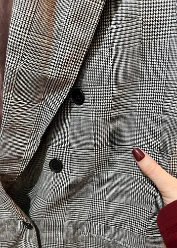 Gri Kareli Kruvaze Ceket - Görsel 4