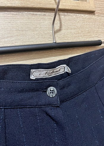 Lacivert İnce Sim Çizgili Yüksek Bel Klasik Kumaş Pantolon - Görsel 5