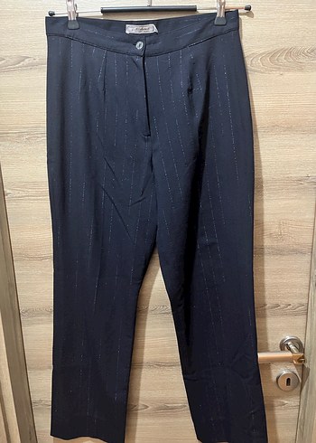 Lacivert İnce Sim Çizgili Yüksek Bel Klasik Kumaş Pantolon - Görsel 7