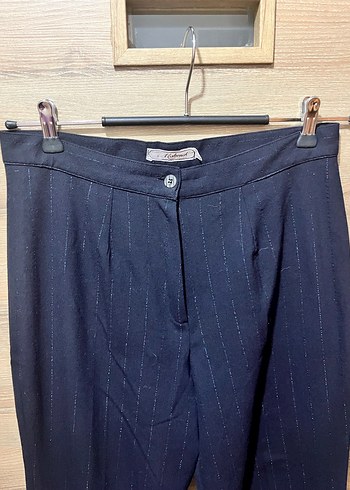 Lacivert İnce Sim Çizgili Yüksek Bel Klasik Kumaş Pantolon - Görsel 6