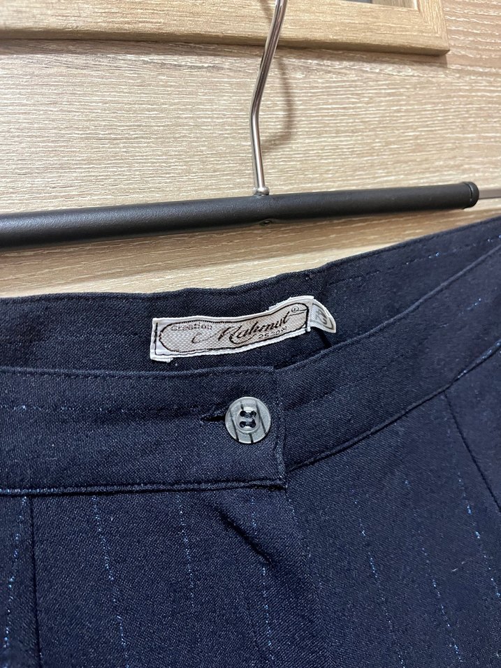 Lacivert İnce Sim Çizgili Yüksek Bel Klasik Kumaş Pantolon - Görsel 5