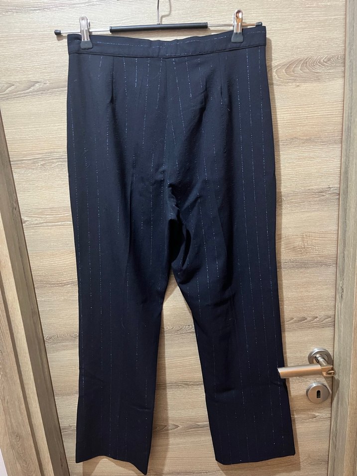 Lacivert İnce Sim Çizgili Yüksek Bel Klasik Kumaş Pantolon - Görsel 3