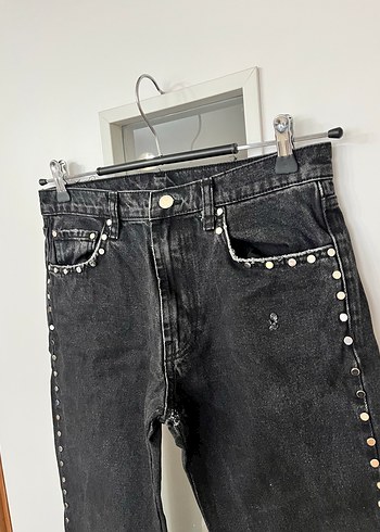 38 Beden siyah Renk Düğmeli Siyah Rock Punk Denim Pantolon