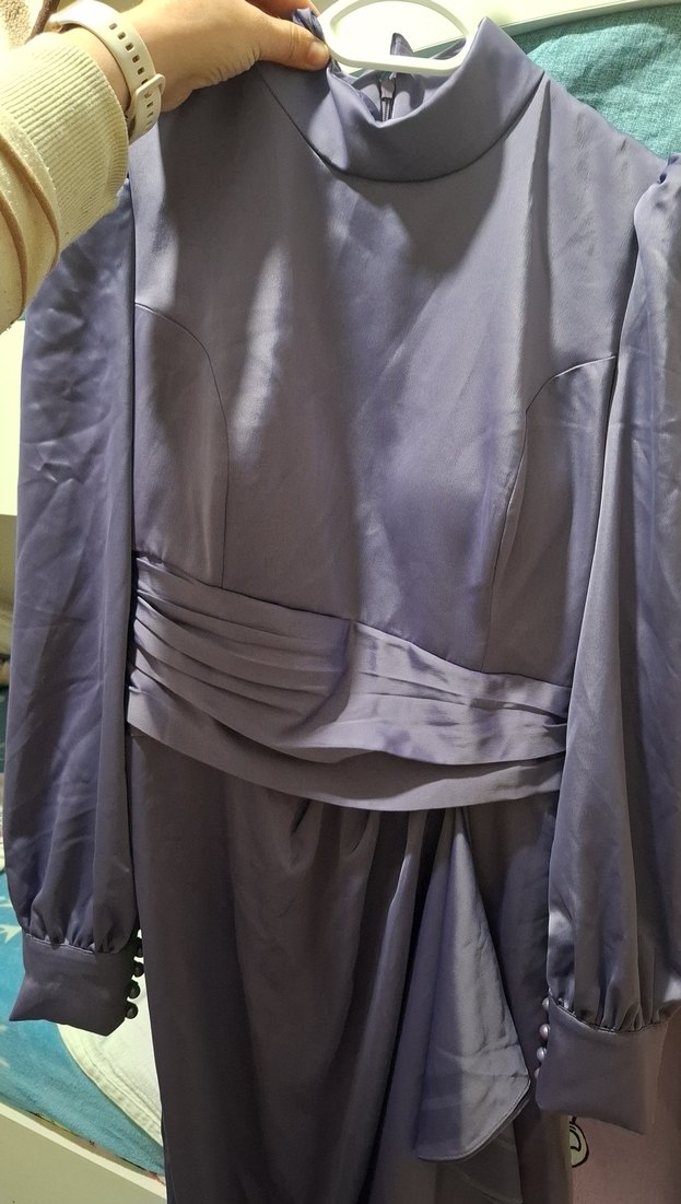 Uzun Kollu Mor Drapeli Kadın Elbise - Görsel 3