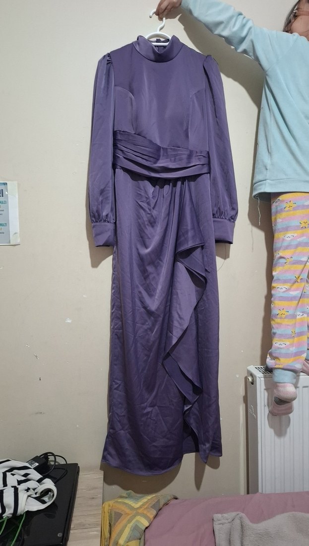 Uzun Kollu Mor Drapeli Kadın Elbise - Görsel 2