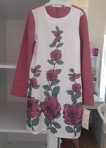 Pembe Baskılı Uzun Kollu çocuk elbise