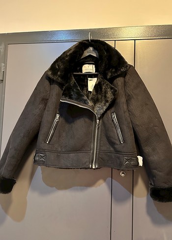 l Beden Siyah Süet Kürk Detaylı Biker Ceket