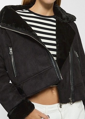 Stradivarius Siyah Süet Kürklü Biker Kadın Ceket