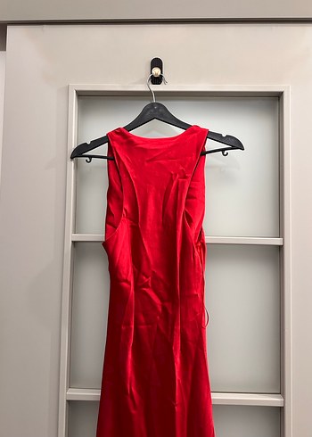 Kırmızı Uzun V Yaka Drapeli Elbise - Görsel 5