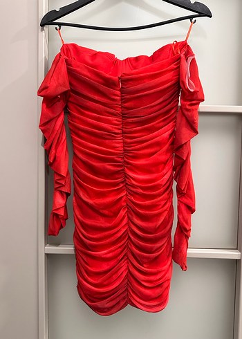 Kırmızı Drapeli Uzun Abiye Elbise - Görsel 4