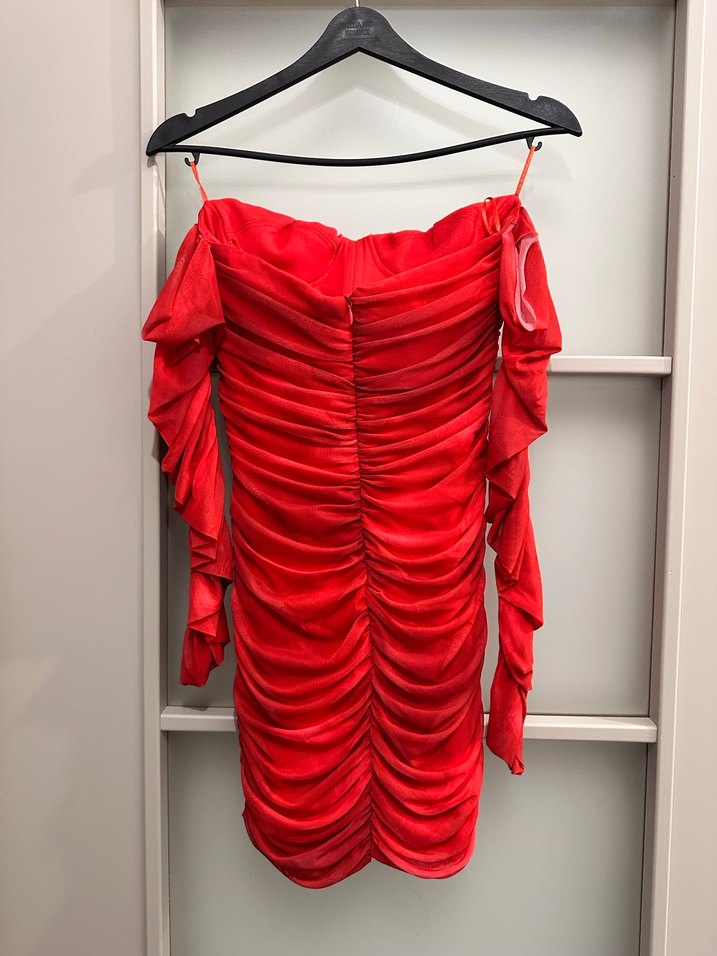 Kırmızı Drapeli Uzun Abiye Elbise - Görsel 5