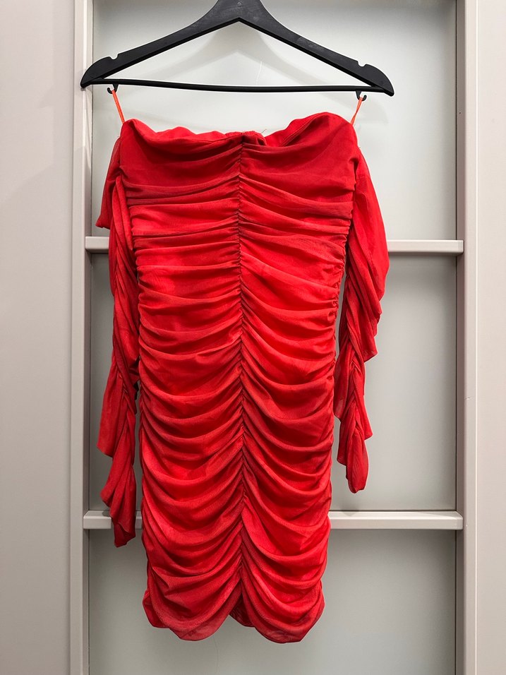 Kırmızı Drapeli Uzun Abiye Elbise - Görsel 2