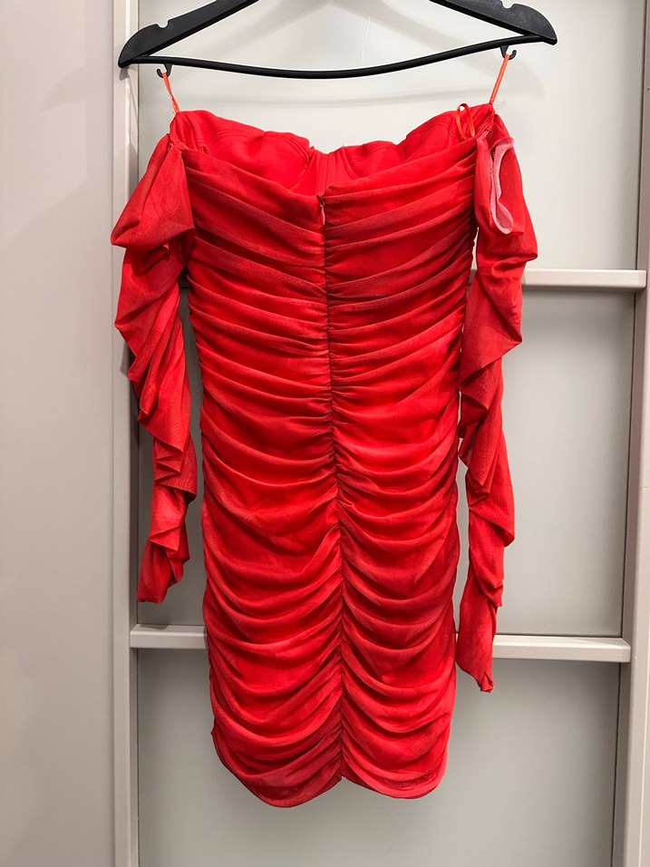 Kırmızı Drapeli Uzun Abiye Elbise - Görsel 4