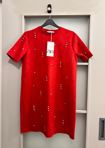 Kısa Kollu Kırmızı Süet Mini Elbise - Görsel 5