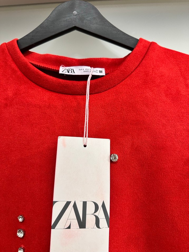 Kısa Kollu Kırmızı Süet Mini Elbise - Görsel 4