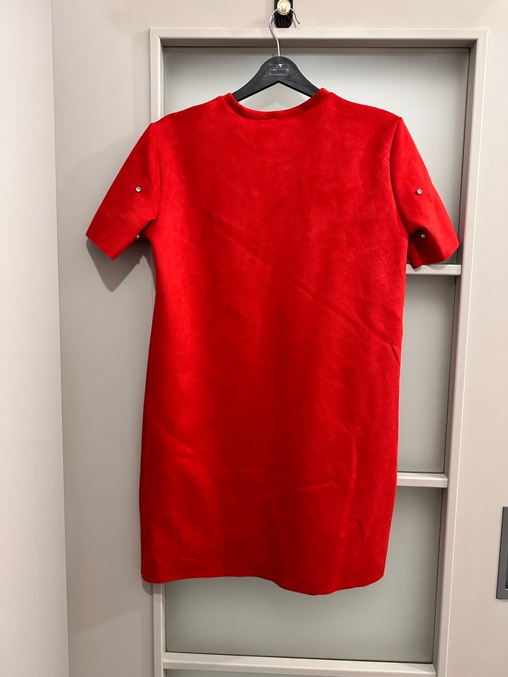 Kısa Kollu Kırmızı Süet Mini Elbise - Görsel 2