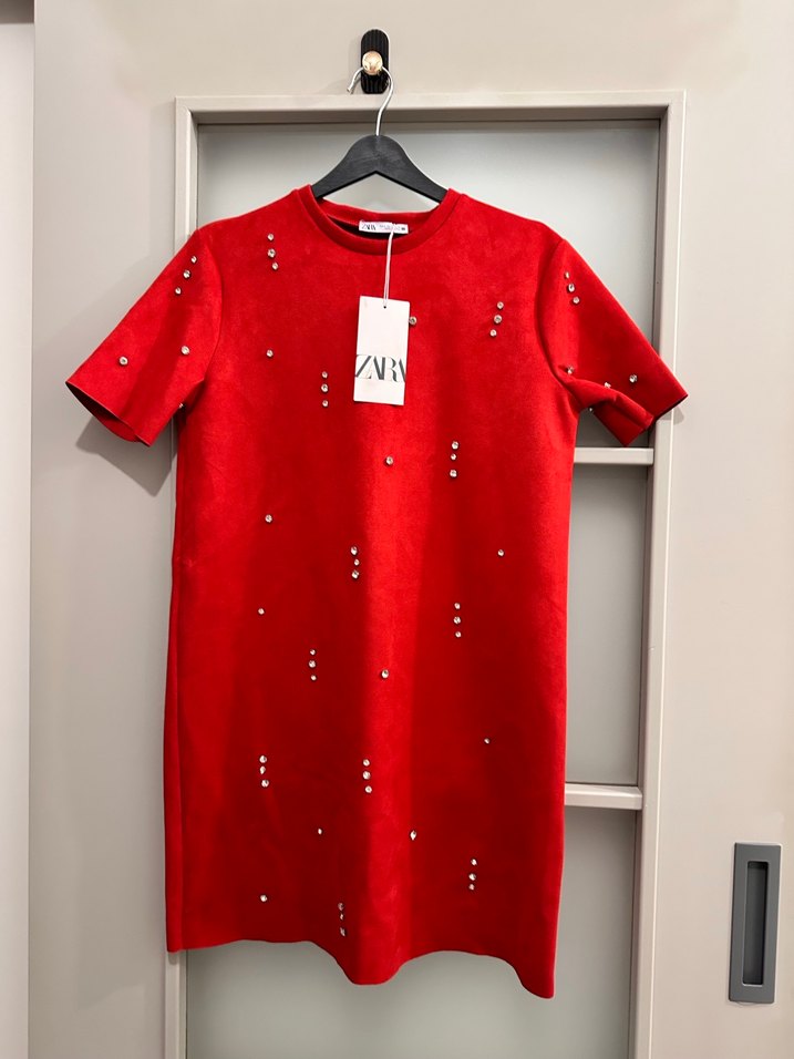 Kısa Kollu Kırmızı Süet Mini Elbise - Görsel 5