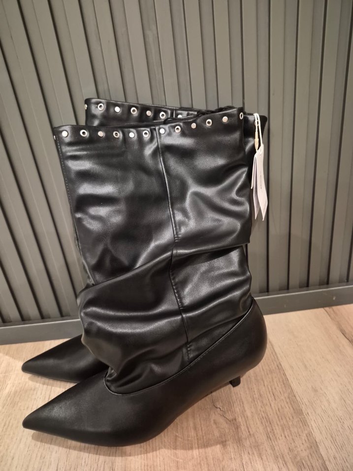 Siyah Deri Stiletto Topuklu Diz Boyu Bot - Görsel 5