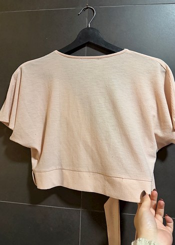 Kruvaze bağlama detaylı pudra pembe üst - Görsel 3